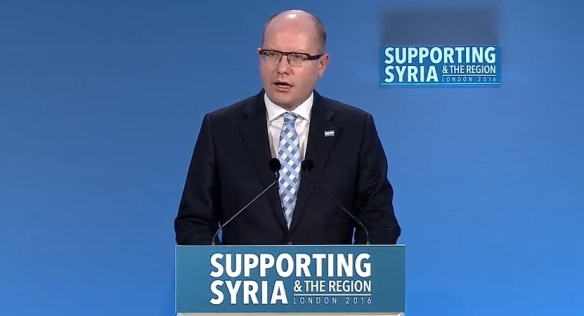 Prime Minister Bohuslav Sobotka attends the International Donors' Conference Supporting Syria and the Region, on February 4, 2016.
