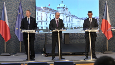 28. ledna 2015: Předsedové koaličních stran bilancují první rok fungování vlády ČSSD, ANO, KDU-ČSL.