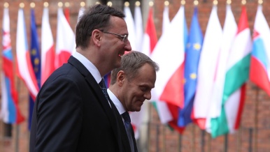 Premiér Petr Nečas a předseda vlády Polska Donald Tusk před summitem V4, Varšava 16. června 2013 