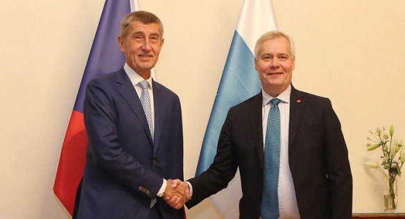 Premiér Andrej Babiš s finským předsedou vlády Anttim Rinnem v Hrzánském paláci, 30. září 2019.