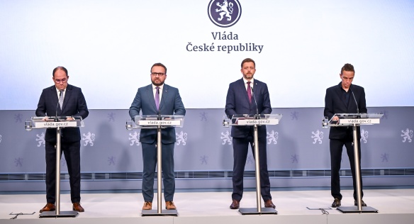 Ministři M. Výborný, M. Jurečka, V. Rakušan a I. Bartoš na tiskové konferenci po skončení schůze vlády, 28. srpna 2024.