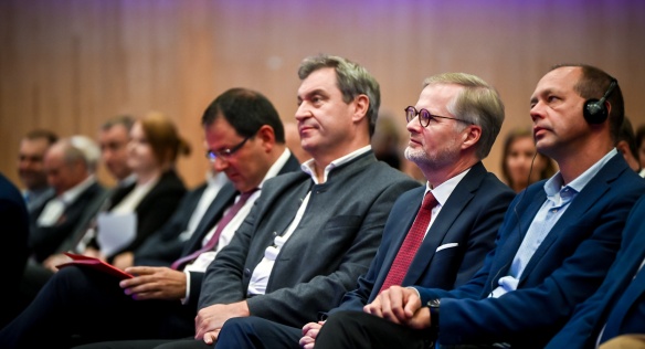 Premiér Petr Fiala a ministerský předseda Svobodného státu Bavorsko Marcus Söder na společné tiskové konferenci po jednání, 8. července 2024.