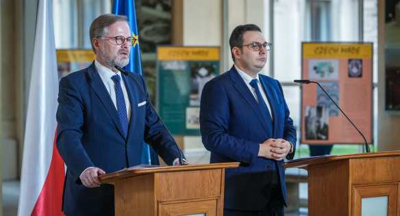 Tisková konference po bilanční návštěvě premiéra Petra Fialy na Ministerstvu zahraničních věcí, 6. února 2023.