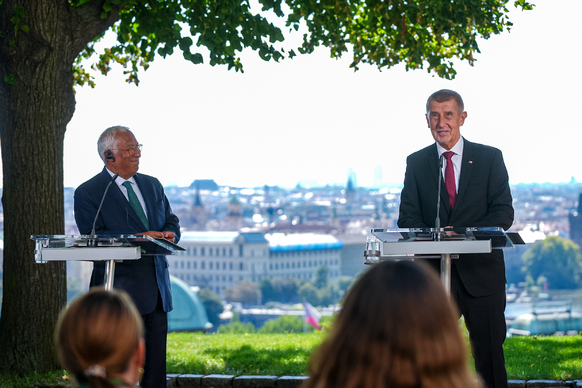 Prime Minister Andrej Babiš and European Council President António Costa at a press conference following their meeting at Kramář Villa, August 27, 2026.