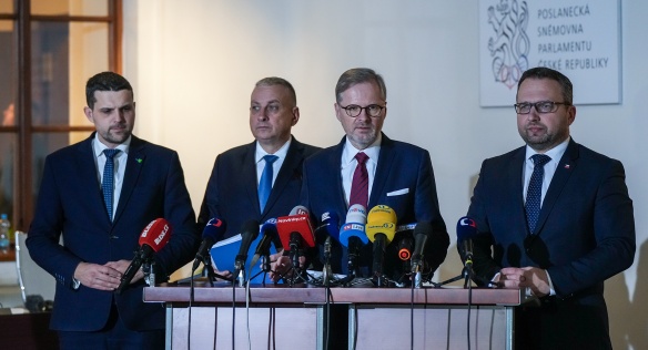 Jednání vlády na tiskové konferenci okomentovali premiér Petr Fiala, vicepremiér Marian Jurečka a ministři Petr Hladík a Jozef Síkela, 24. ledna 2024.