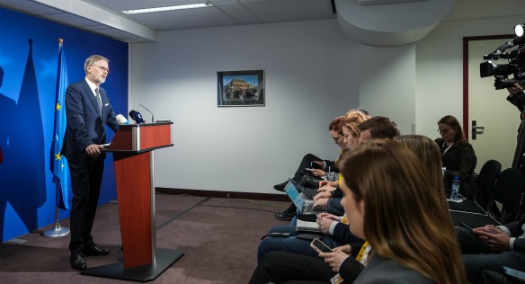 Premiér Petr Fiala shrnul na tiskové konferenci se zástupci českých médií výsledky summitu Evropské rady, 22. března 2024.