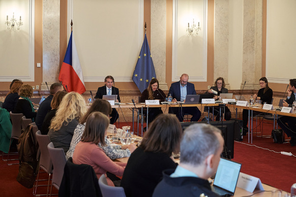 V čele sedí zmocněnkyně vlády pro lidská práva, po její pravici místopředseda, po její levici tajemník